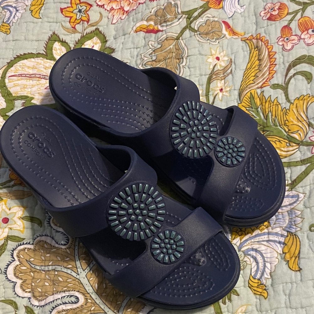 CROCS Navy Slide Sandals with Decorative Accents